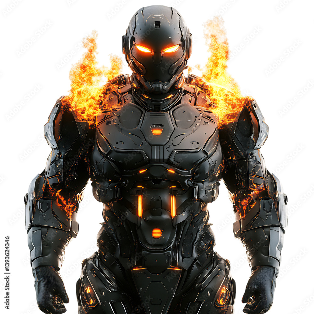 Fototapeta premium Robot with Flames Erupting from Body Isolated on Transparent Background