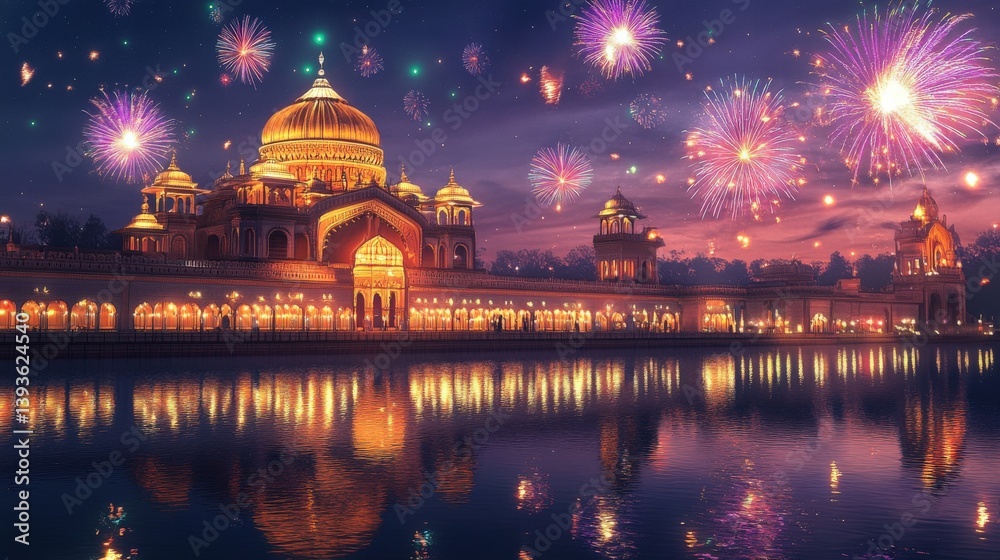 Obraz premium A grand building with fireworks over reflective water at night