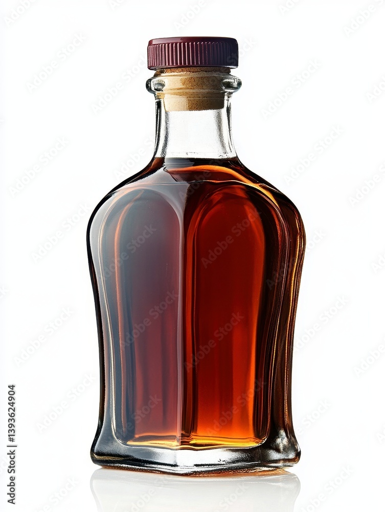 Dark Amber Syrup in Glass Bottle with Pour Cap on White Background Dark Amber Syrup in Glass Bottle with Pour Cap on White Background