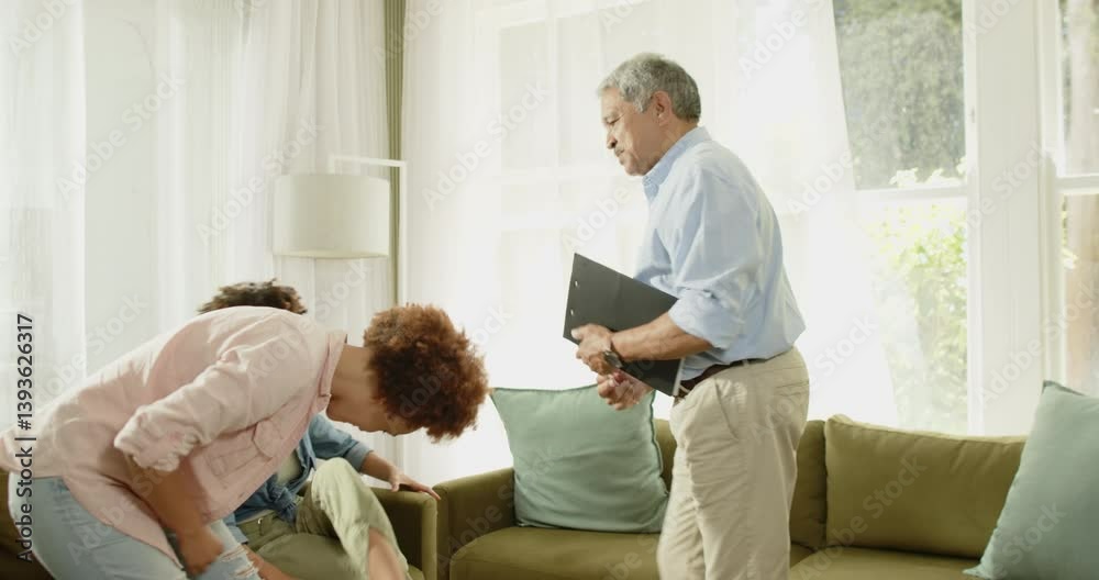 Same-sex lesbian diverse couple discussing with therapist at home, sitting on green sofa Same-sex lesbian diverse couple discussing with therapist at home, sitting on green sofa