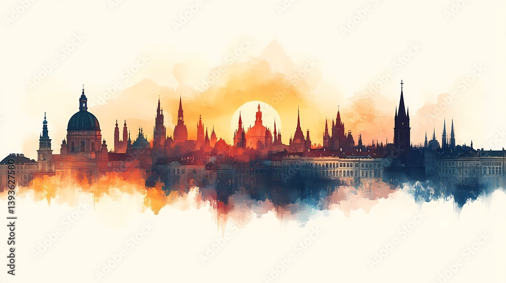 Vibrant Cityscape Silhouette at Sunset: Artistic Architectural Skyline in Watercolor