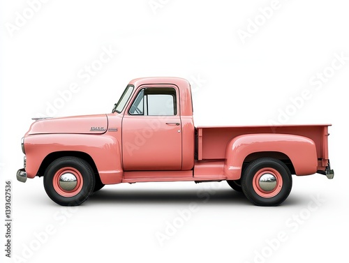 Side View of a Vintage Pink Short Bed Pickup Truck on White Background