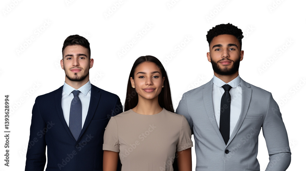 Professional business team, two men in suits and one woman, standing side by side on a transparent background