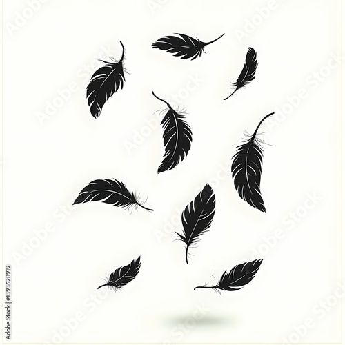 Elegant Black Feather Illustration: Nature-Inspired Digital Art for Home Decor and Wall Art - Buy Falling Feathers Vector Background | Graceful Minimalism & Whimsical Motion