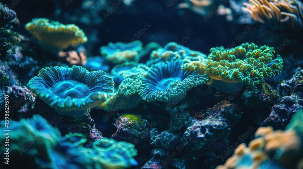 Obraz premium Vibrant coral formations thrive in a deep blue underwater scene, showcasing intricate textures and captivating marine life