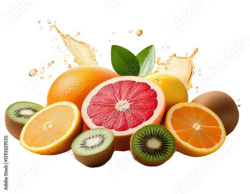 Vibrant Citrus Medley: A tempting composition of freshly sliced citrus fruits, featuring oranges, grapefruits, and kiwis with a burst of juice splash, evoking refreshment and a healthy lifestyle.