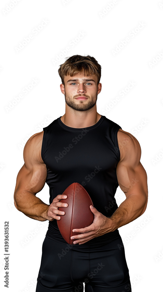Athletic man in black sportswear holding a football on a transparent background Athletic man in black sportswear holding a football on a transparent background
