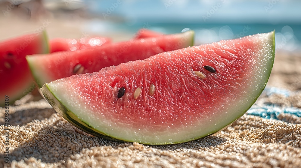 Watermelon slices on beach sand Watermelon slices on beach sand