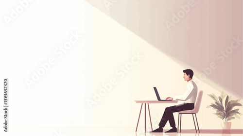 Asian man doing a virtual job interview at home using a laptop. Clean and calm modern illustration, perfect for remote work, HR topics, or online career tips