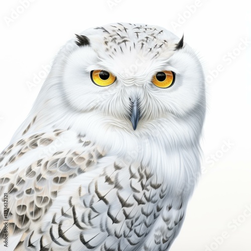 A mesmerizing snowy owl with striking eyes, elegantly showcased against a serene white canvas in a soft pastel style.