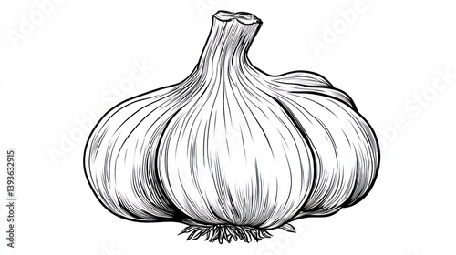 Detailed line drawing of a garlic bulb