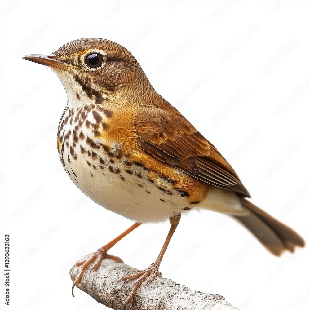 Fototapeta premium Brown Thrush Perched on Branch Isolated on White Background
