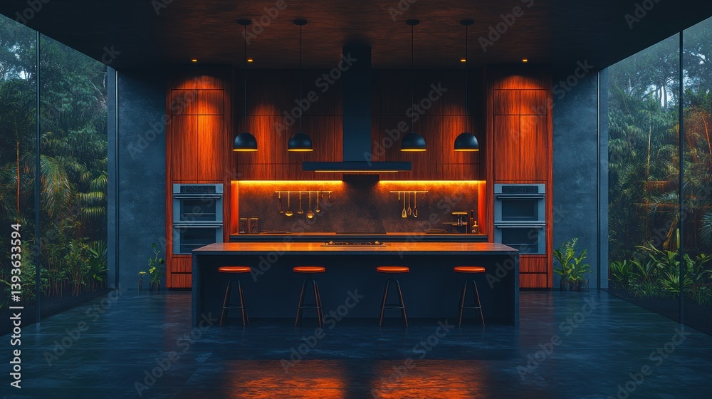 Obraz premium Modern kitchen with rainforest view