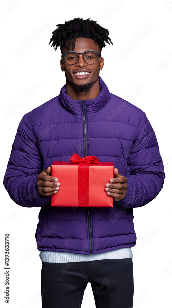 Smiling man in purple jacket holding a red gift box on a transparent background Smiling man in purple jacket holding a red gift box on a transparent background