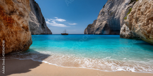 white sand beach, greece, zakynthos island, navagio beach, summer, afternoon, cliffs, shipwreck
