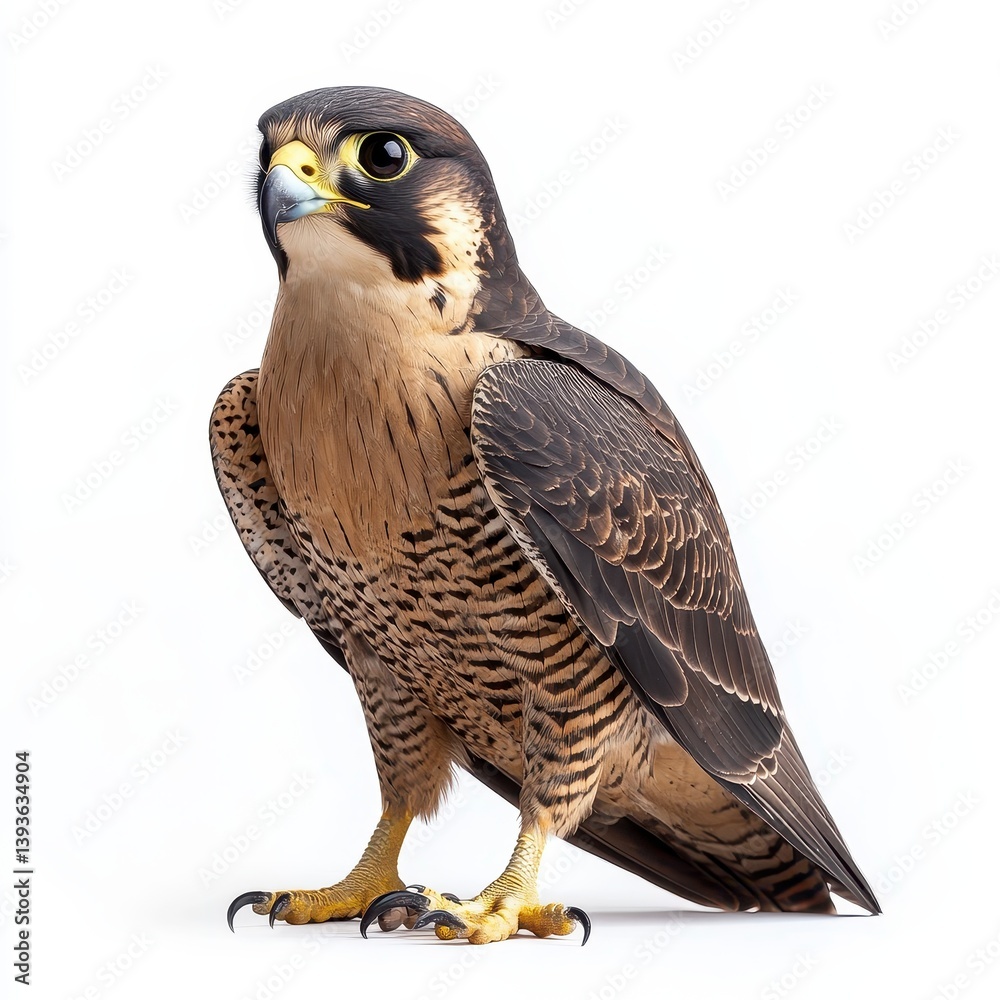 Brown Peregrine Falcon Perched on White Background Studio Shot Brown Peregrine Falcon Perched on White Background Studio Shot