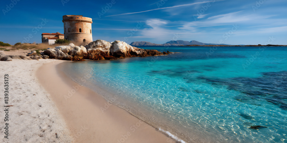 Fototapeta premium white sand beach, italy, sardinia island, la pelosa beach, spring, morning, clear water