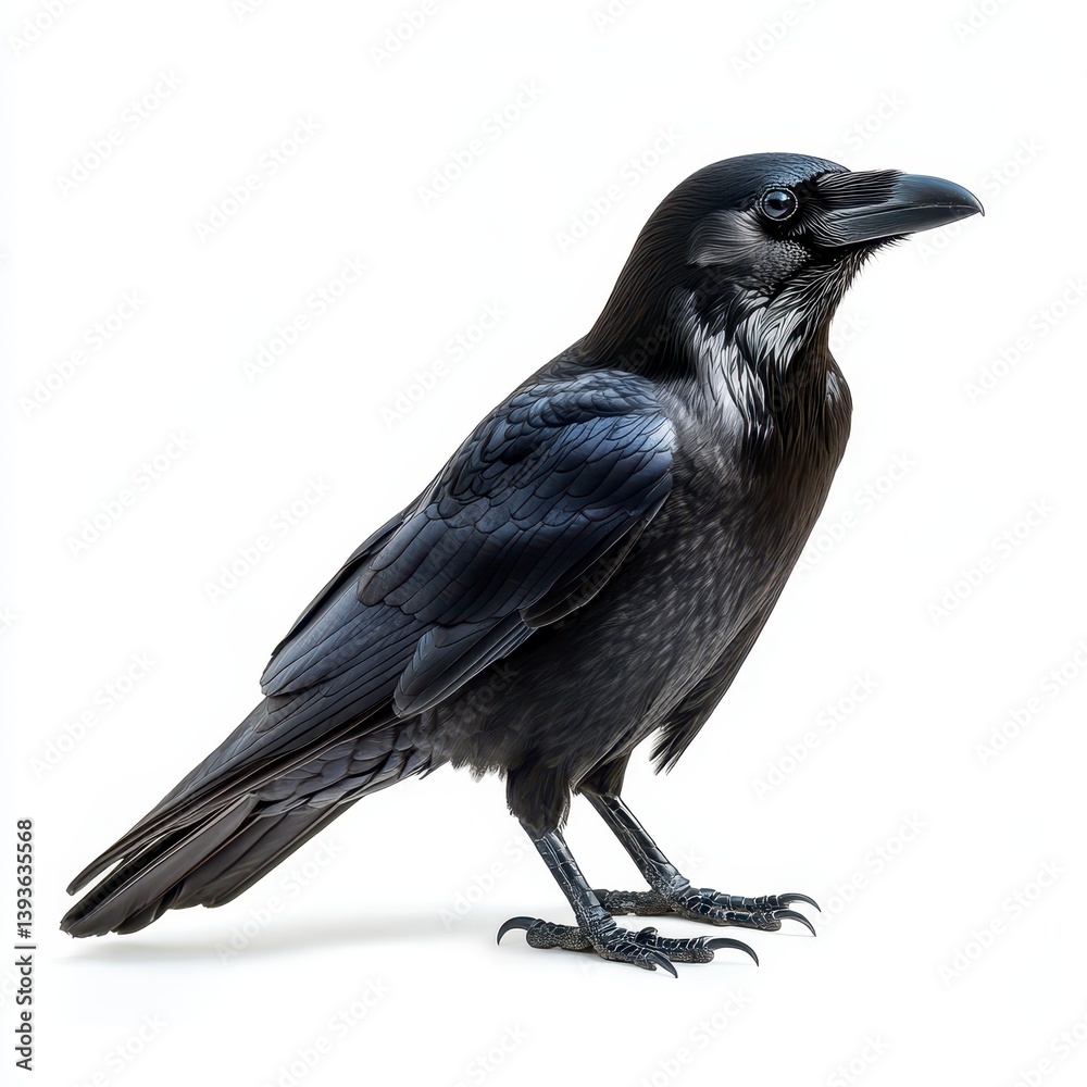 Fototapeta premium Black Raven with Sharp Beak on White Background