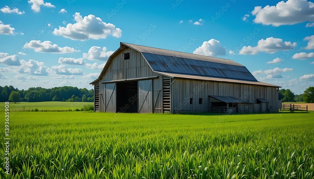 Fototapeta premium Picturesque Barn Amidst Lush Greenery Under a Sky Dotted with Clouds