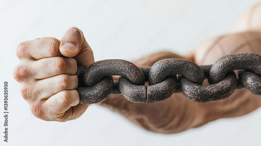 Obraz premium A strong male hand gripping a heavy chain, symbolizing strength and determination.