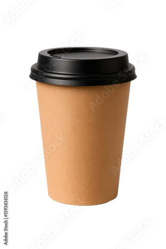 Vaso desechable para cafe, color café con tapo negra, aislado sobre fondo transparente. PNG. 