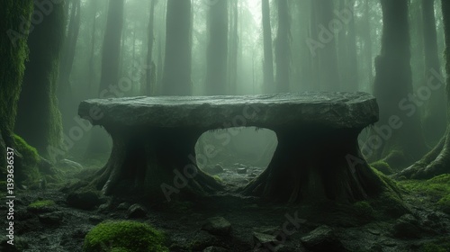 Mystical stone table in a foggy forest
