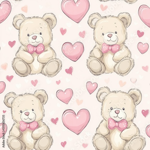 Cute teddy bear and heart seamless pattern on a light background.  Adorable cartoon bears with pink bows and scattered hearts