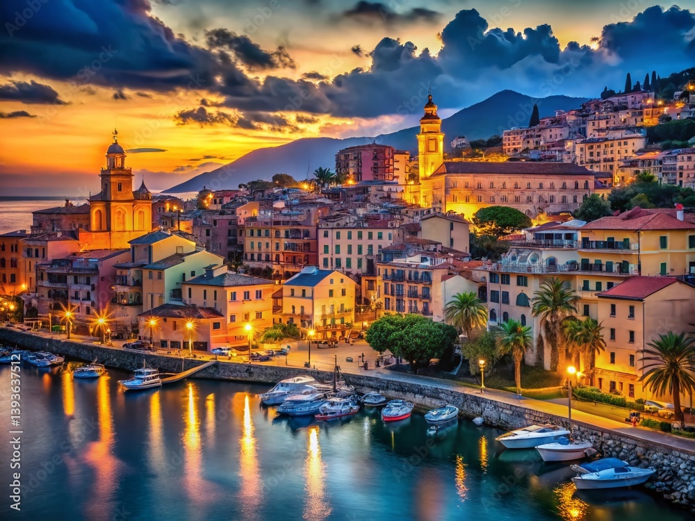 Obraz premium Enchanting Sanremo at Dusk Italian Riviera Coastal City Bathed in Golden Light