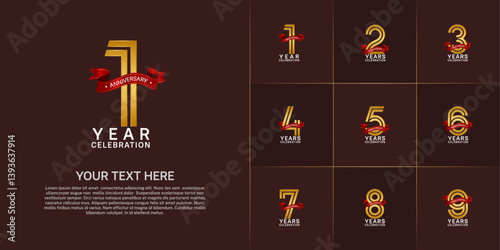 Anniversary logo style double line number set. golden color with red ribbon for celebration event