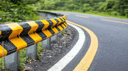 Curved road with yellow and black safety barriers along the edge