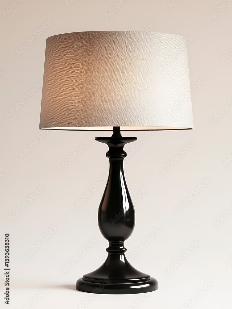 Black Table Lamp with Grey Patterned Shade on White Background Black Table Lamp with Grey Patterned Shade on White Background