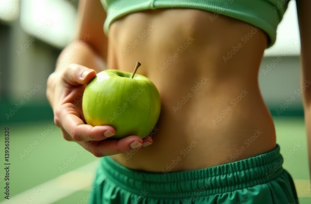 close-up of a young woman's flat stomach. next to it is a hand with a green apple. The background is blurry, the gym close-up of a young woman's flat stomach. next to it is a hand with a green apple. The background is blurry, the gym