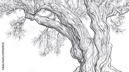 Detailed illustration of an olive tree.  Mature branches and trunk
