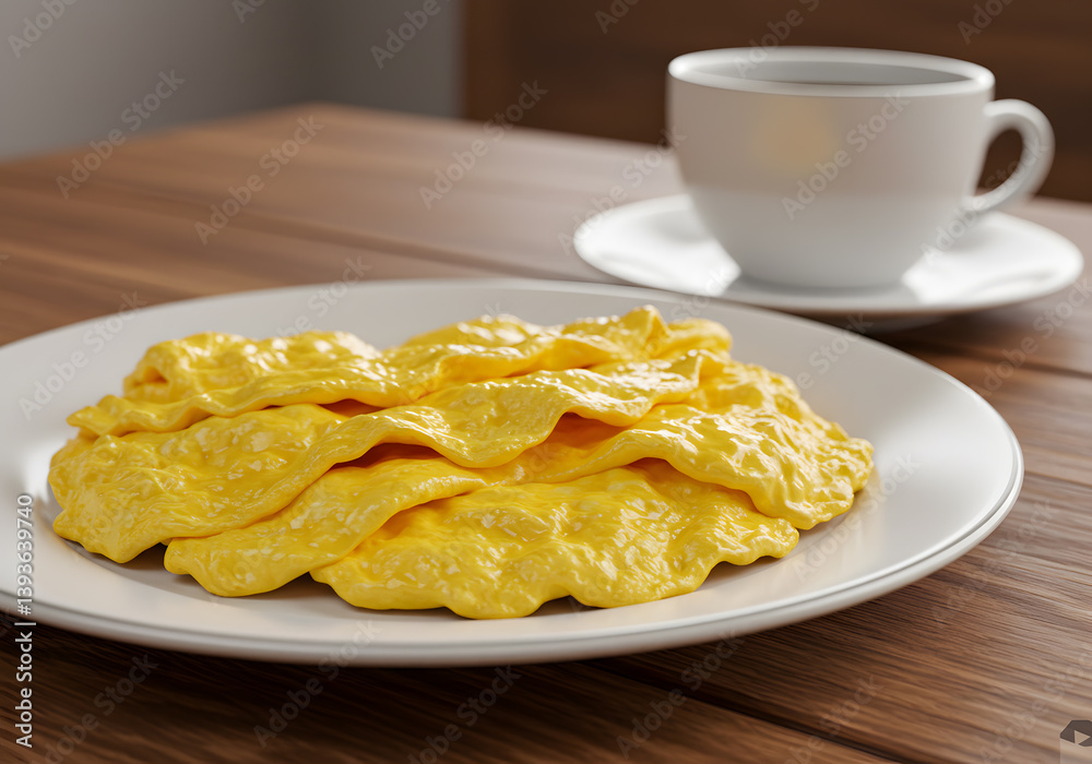 Side View of Scrambled Eggs and Coffee on Wooden Table Side View of Scrambled Eggs and Coffee on Wooden Table