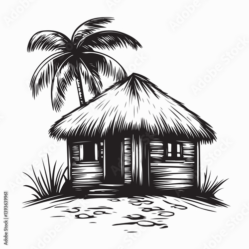 Rustic Mud House with Thatched Roof Vector Illustration  on white background.