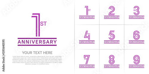 Anniversary logo style double line number set. purple color on white background for celebration event