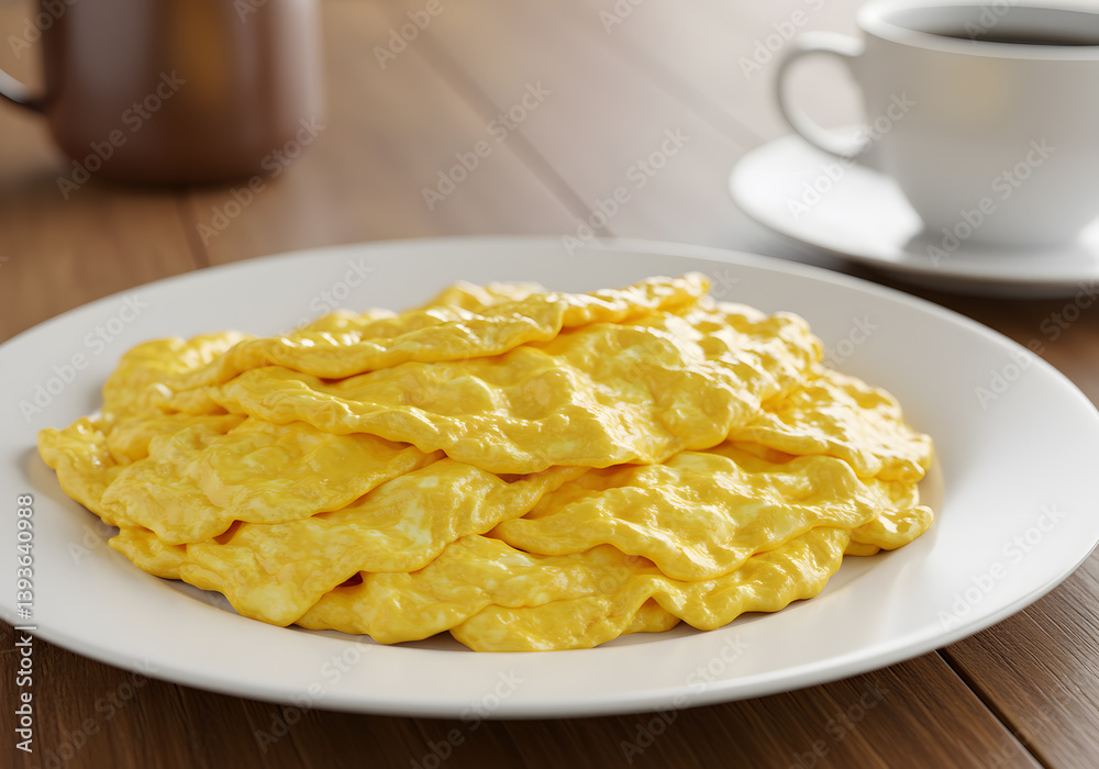 Side View of Scrambled Eggs and Coffee on Wooden Table Side View of Scrambled Eggs and Coffee on Wooden Table