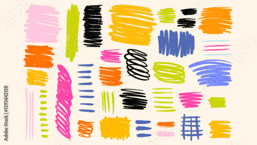 Charcoal and pastel scribble set inspired by kids' art. Hand-drawn textures, crayon strokes, smudges, and messy sketch elements for design