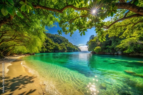 Obraz na płótnie Tranquil Cove CrystalClear Waters and Lush Tropical Vegetation A Stunning Beach Escape w salonie