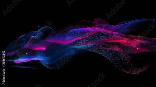 Abstract wave of colorful particles flowing in a gradient of deep blue and vibrant pink hues, creating a dynamic and ethereal atmosphere