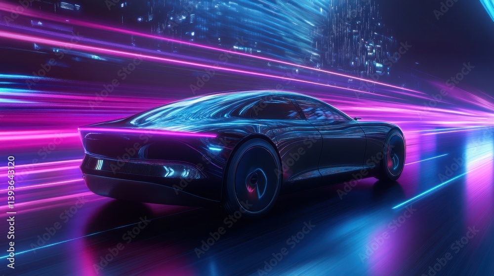 A futuristic car in motion with vibrant neon lights and a dynamic urban backdrop. A futuristic car in motion with vibrant neon lights and a dynamic urban backdrop.