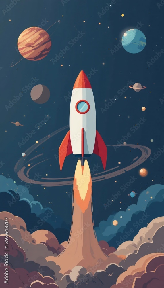 Naklejka premium Space Rocket Launching Through Cosmos Planets and Stars Artistic Illustration