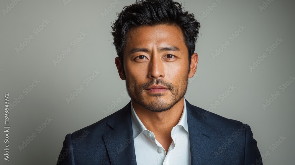 Close-up portrait of a man with dark hair, wearing a suit. Serene expression Close-up portrait of a man with dark hair, wearing a suit. Serene expression