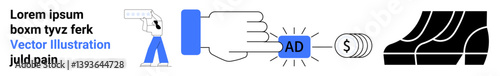 Person interacting with hand interface to press ad button, linking currency and product visuals. Ideal for advertising, e-commerce, marketing, online revenue, consumer behavior, shopping, flat