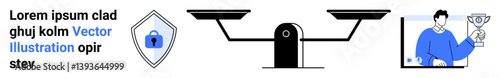Scales of justice, shield with lock symbolizing security, person holding trophy representing success. Ideal for justice, integrity, accountability, protection, success legal equality. Flat landing