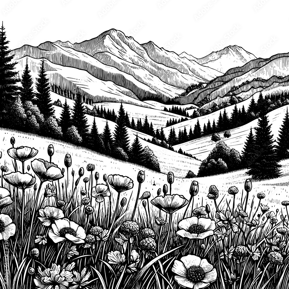 Fototapeta premium Blooming alpine meadow wildflowers , delicate petals, lush foliage, and detailed botanical elements sketch engraving generative ai PNG illustration. Scratch board imitation. Black and white image.
