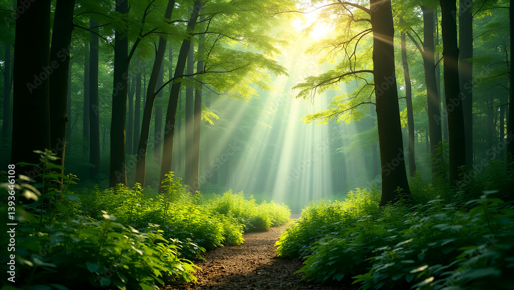 Naklejka premium Captivating lush green forests depicted with refined natural textures dynamic sunlight interplay and sophisticated landscape imagery that evoke serenity and environmental harmony in Photo Stock Conc