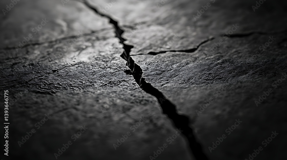 Obraz premium Close-up of a dark cracked surface with rough texture highlighting intricate details of the fracture and dust particles in a dramatic monochrome setting