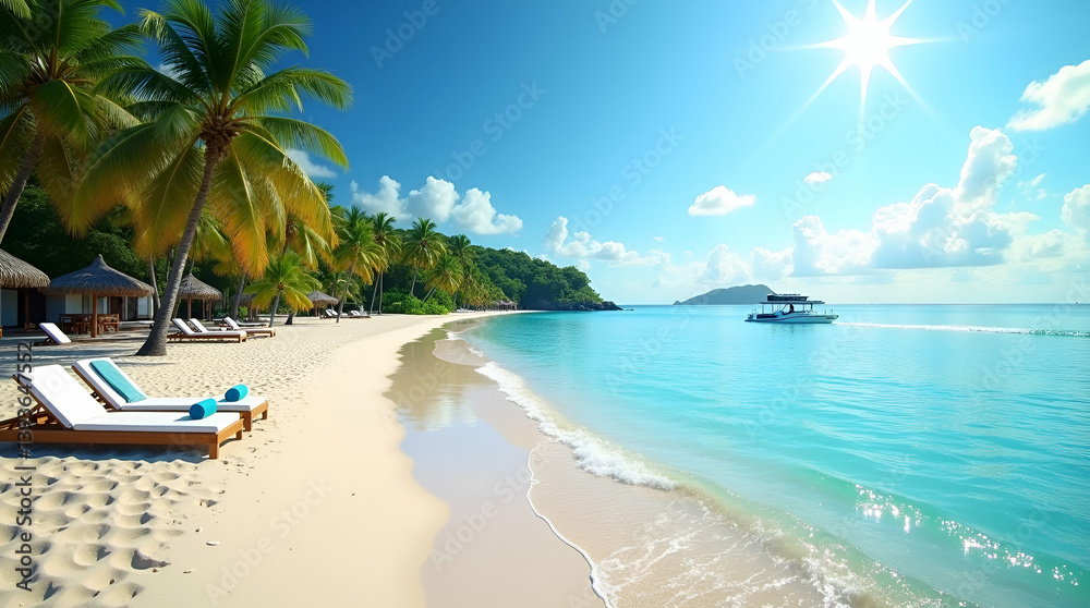 Naklejka premium Tropical Vacations: Breathtaking Beach Scenes, Refined Resorts & Dynamic Water Activities for Discerning Travelers Seeking Unparalleled Experiences in Exotic Locales