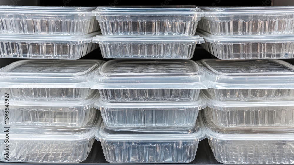 Sealed plastic clamshell containers stacked neatly for retail display concept